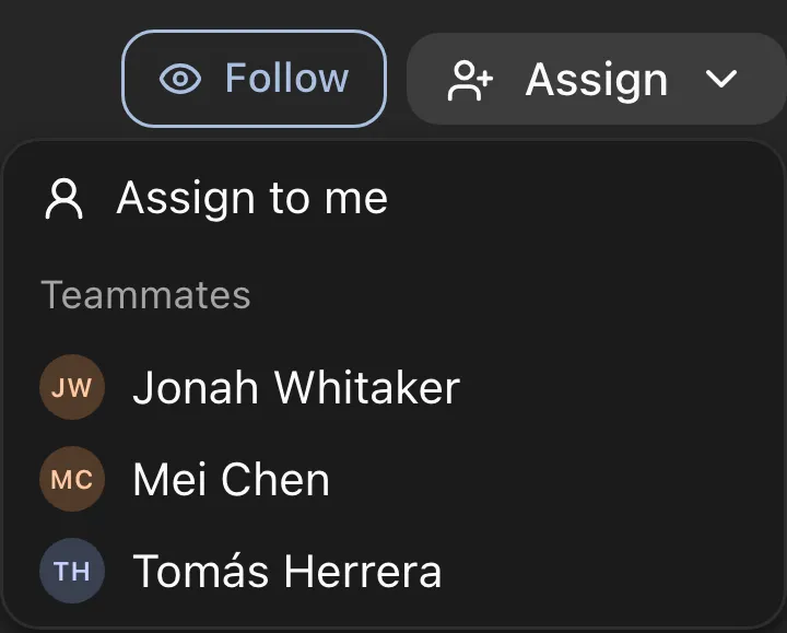 The assign menu open on a conversation, with teammates listed by name.