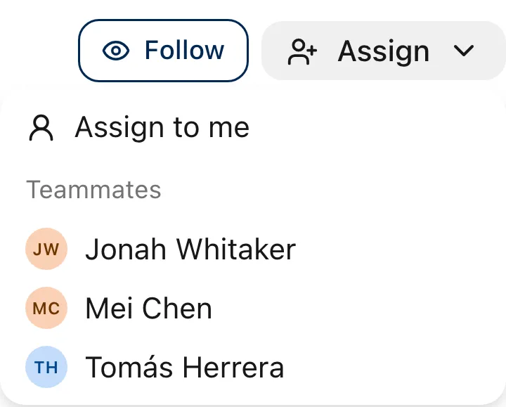 The assign menu open on a conversation, with teammates listed by name.