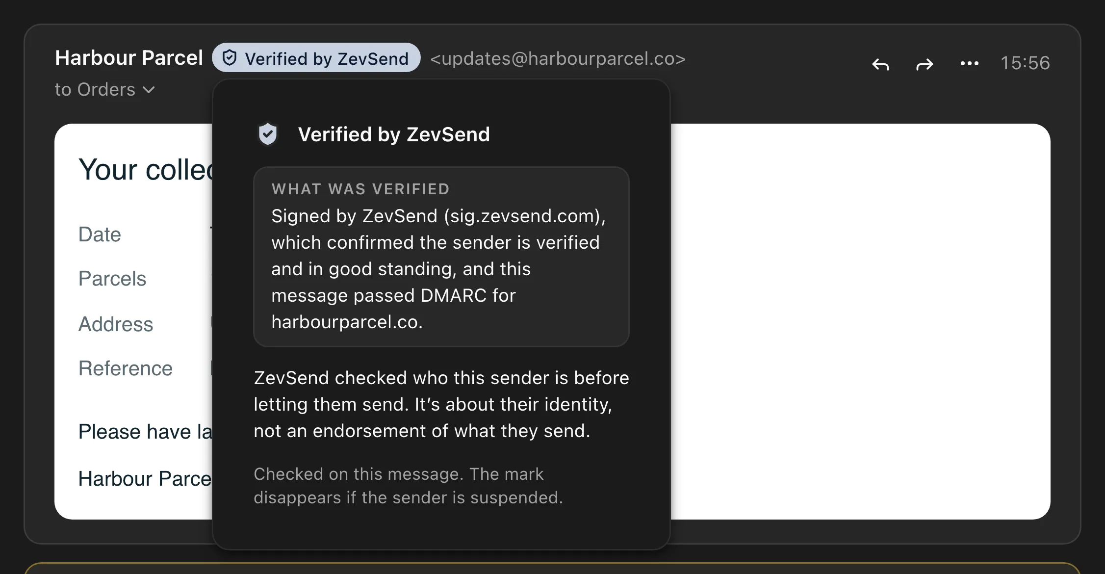 The Verified by ZevSend mark and its explanation of what was checked.