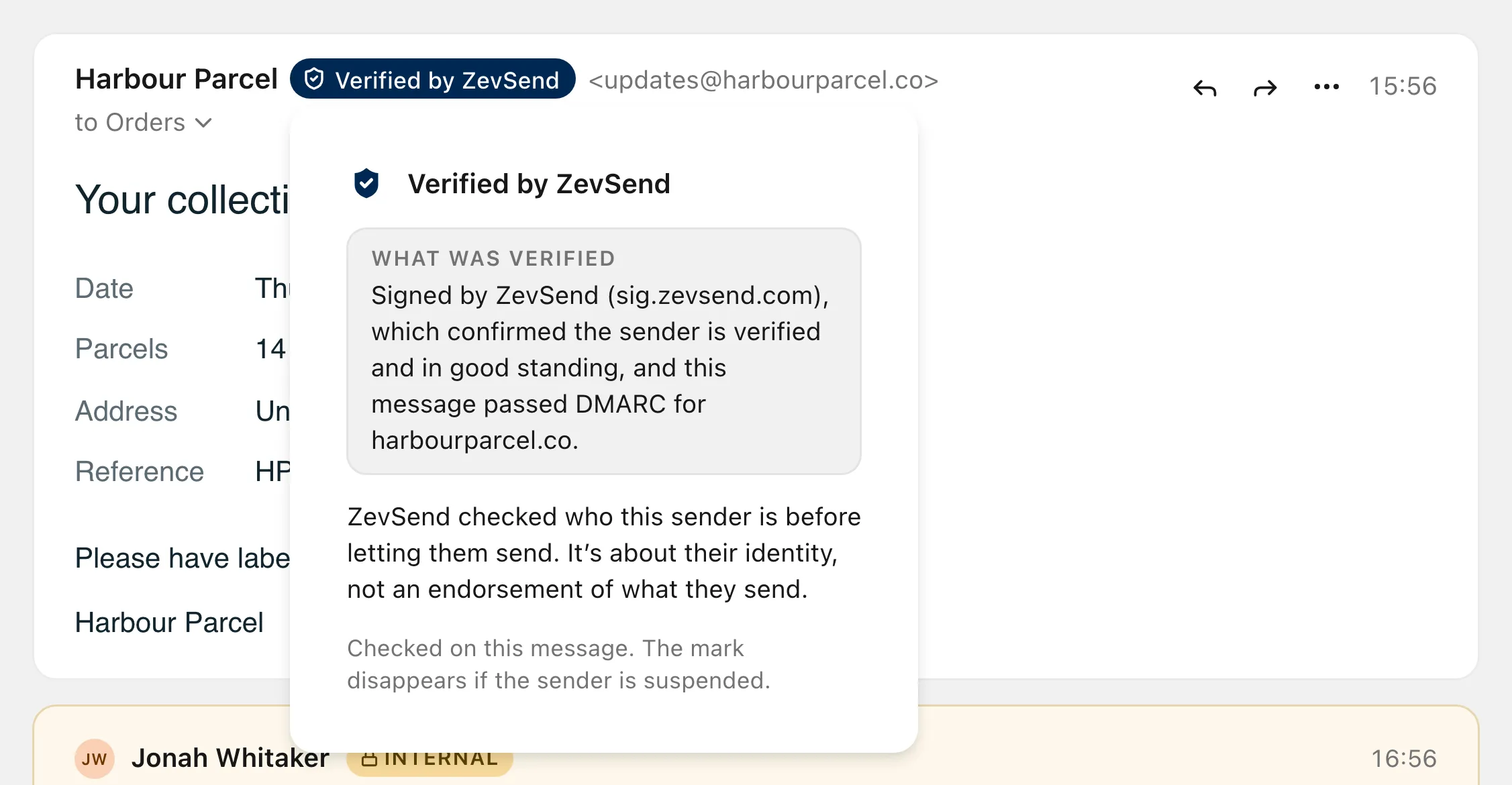 The Verified by ZevSend mark and its explanation of what was checked.