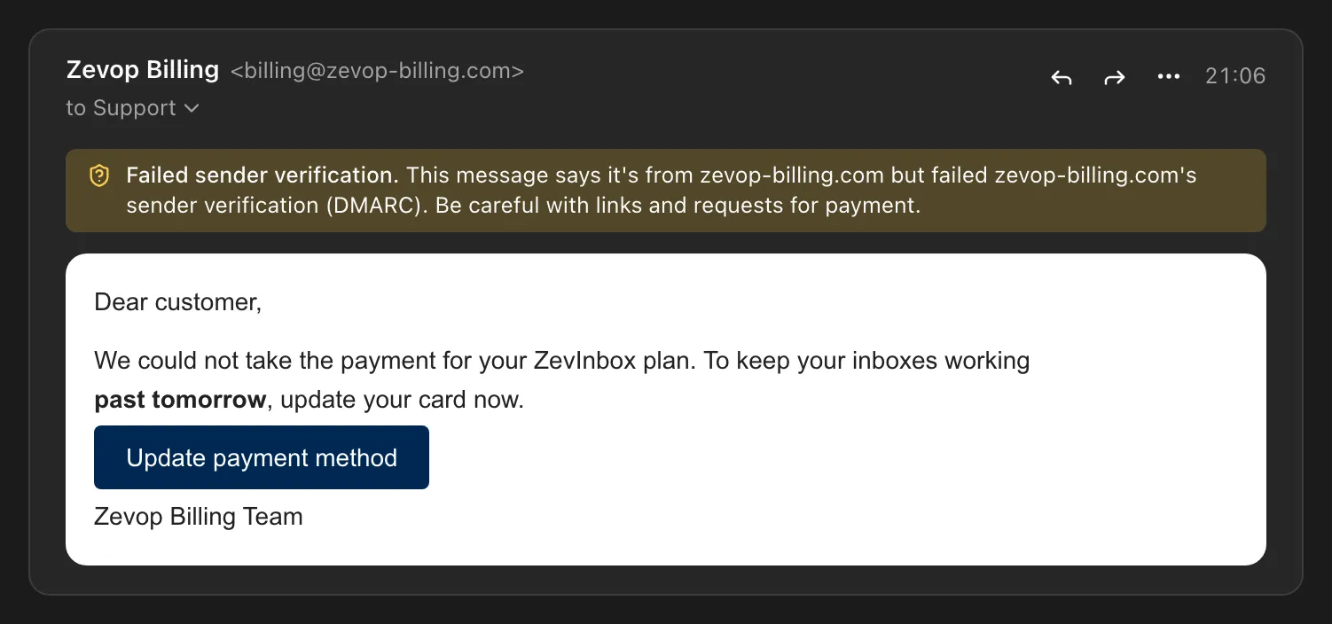 A warning above a message: Failed sender verification. Be careful with links and requests for payment.