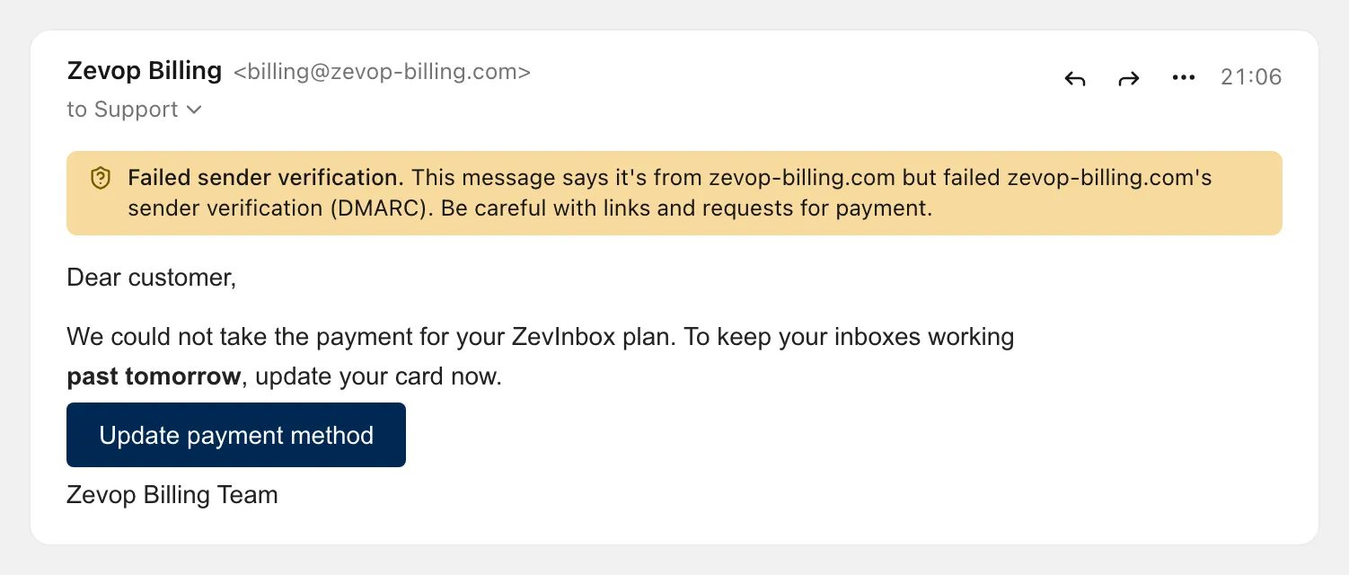 A warning above a message: Failed sender verification. Be careful with links and requests for payment.