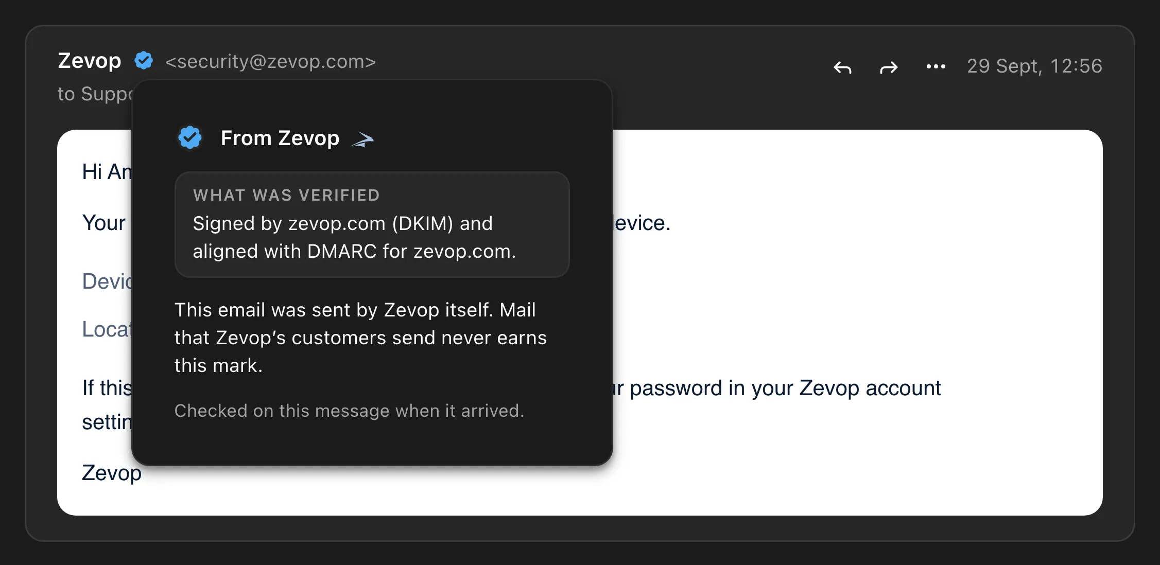 The From Zevop mark and its explanation: this email was sent by Zevop itself.