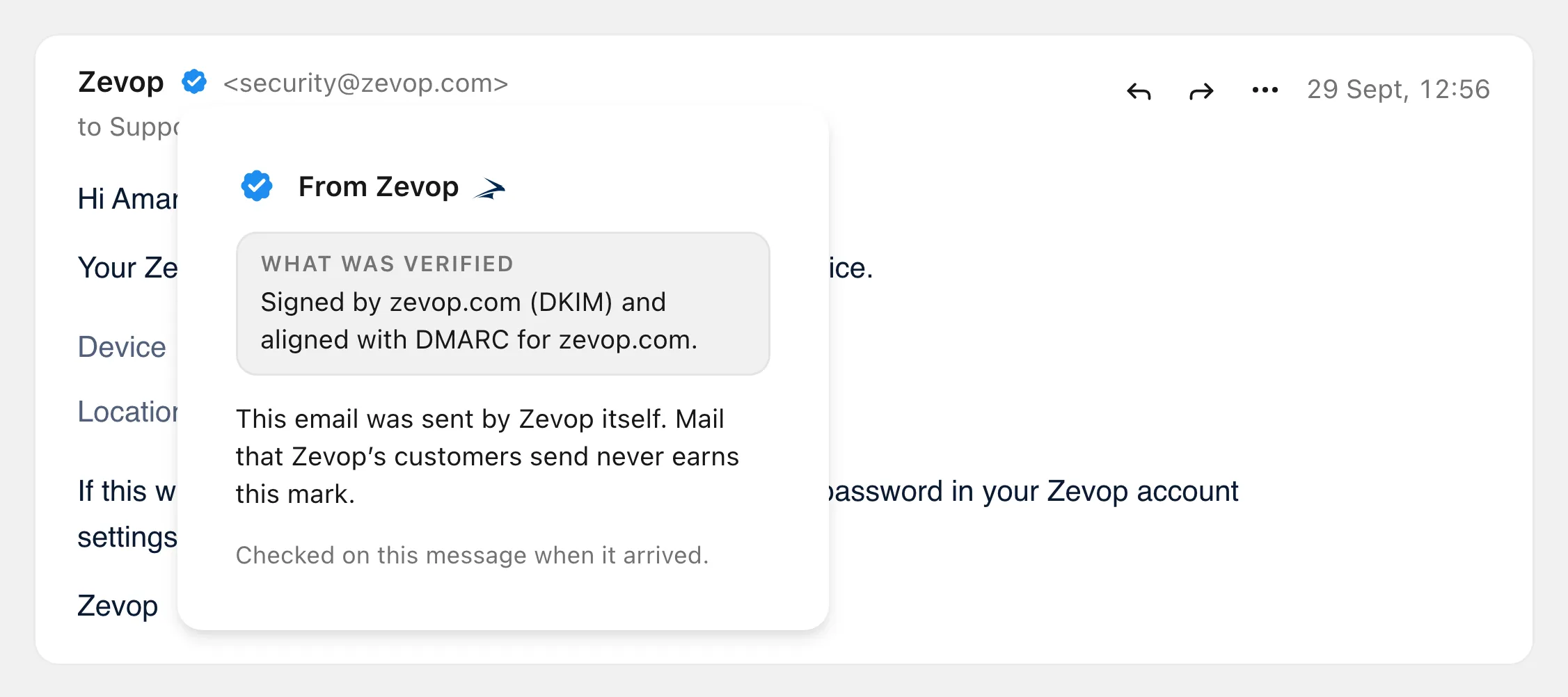 The From Zevop mark and its explanation: this email was sent by Zevop itself.