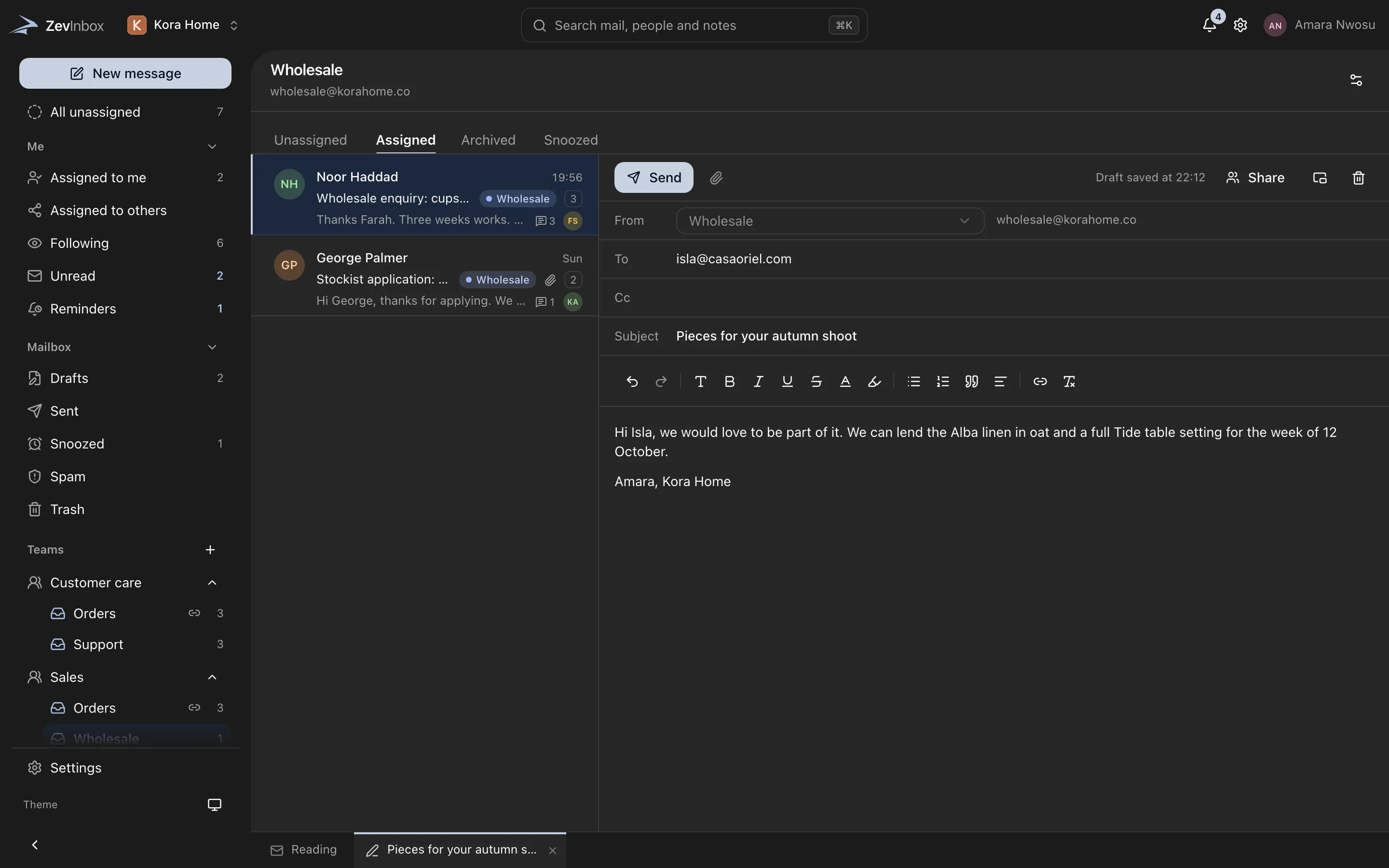A draft open as a tab next to the conversation it replies to, with the rich text toolbar.