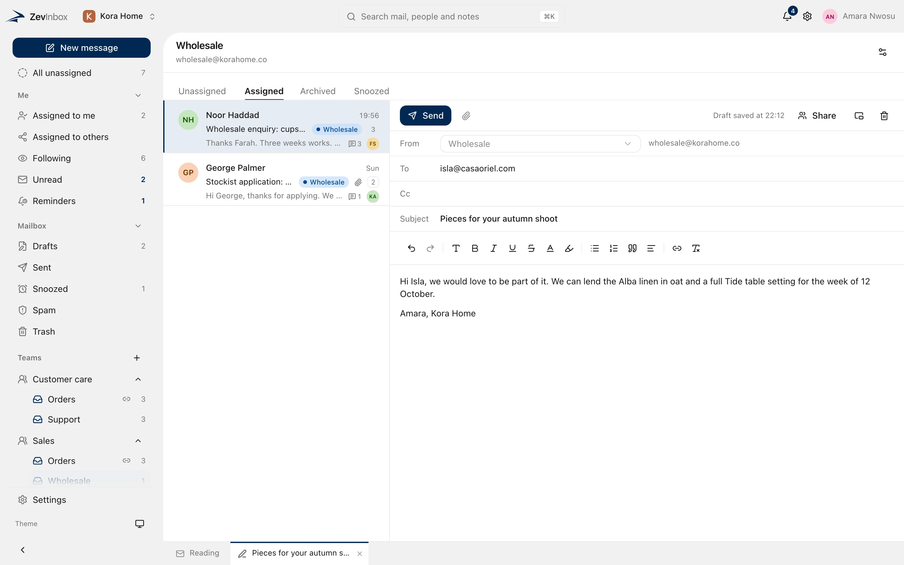 A draft open as a tab next to the conversation it replies to, with the rich text toolbar.