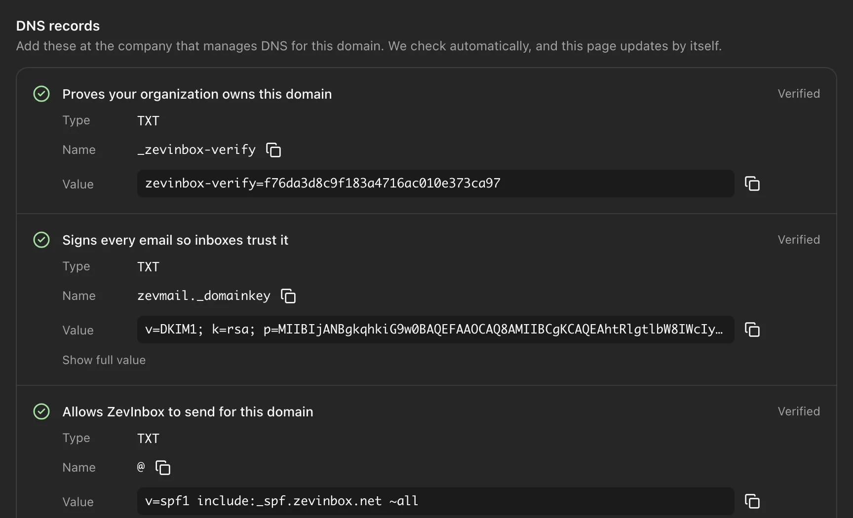 The DNS records for a domain, each with its type, name, value, copy buttons and a Verified status.