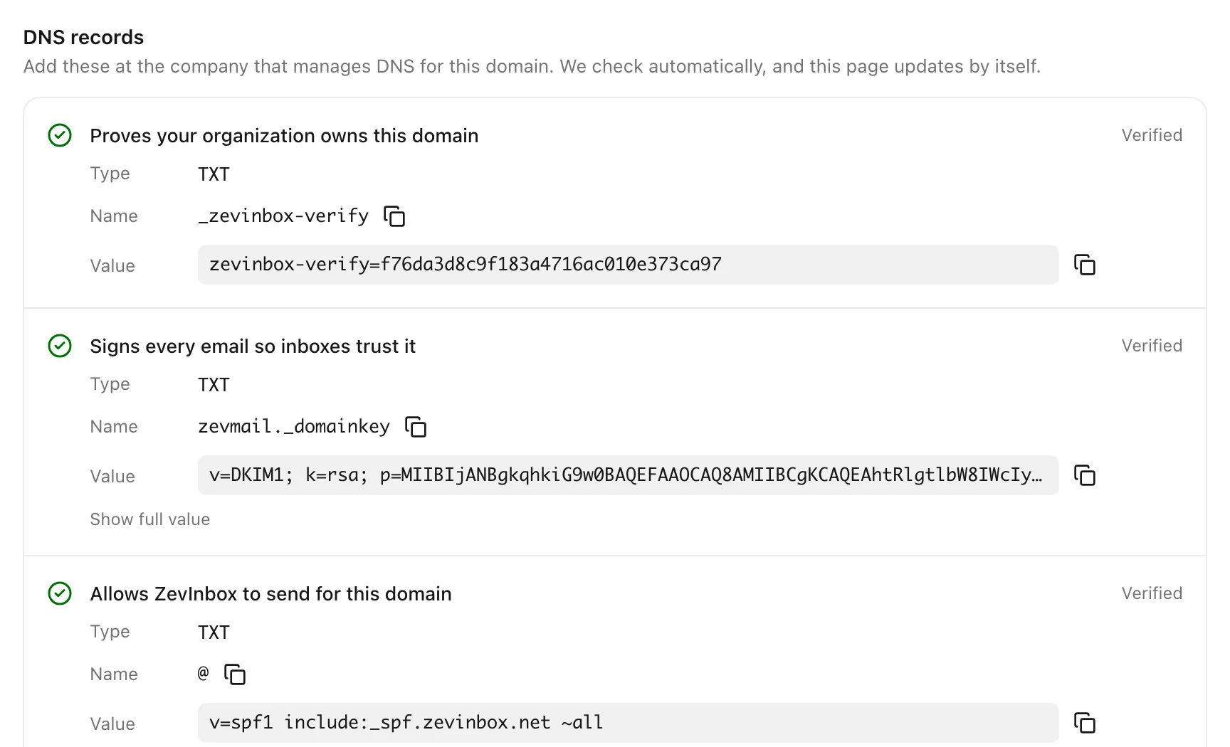 The DNS records for a domain, each with its type, name, value, copy buttons and a Verified status.