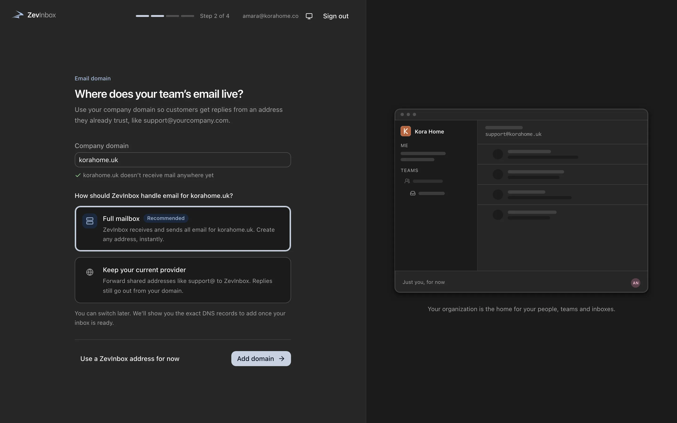 Adding a domain, with the choice between Full mailbox and keeping the current provider.