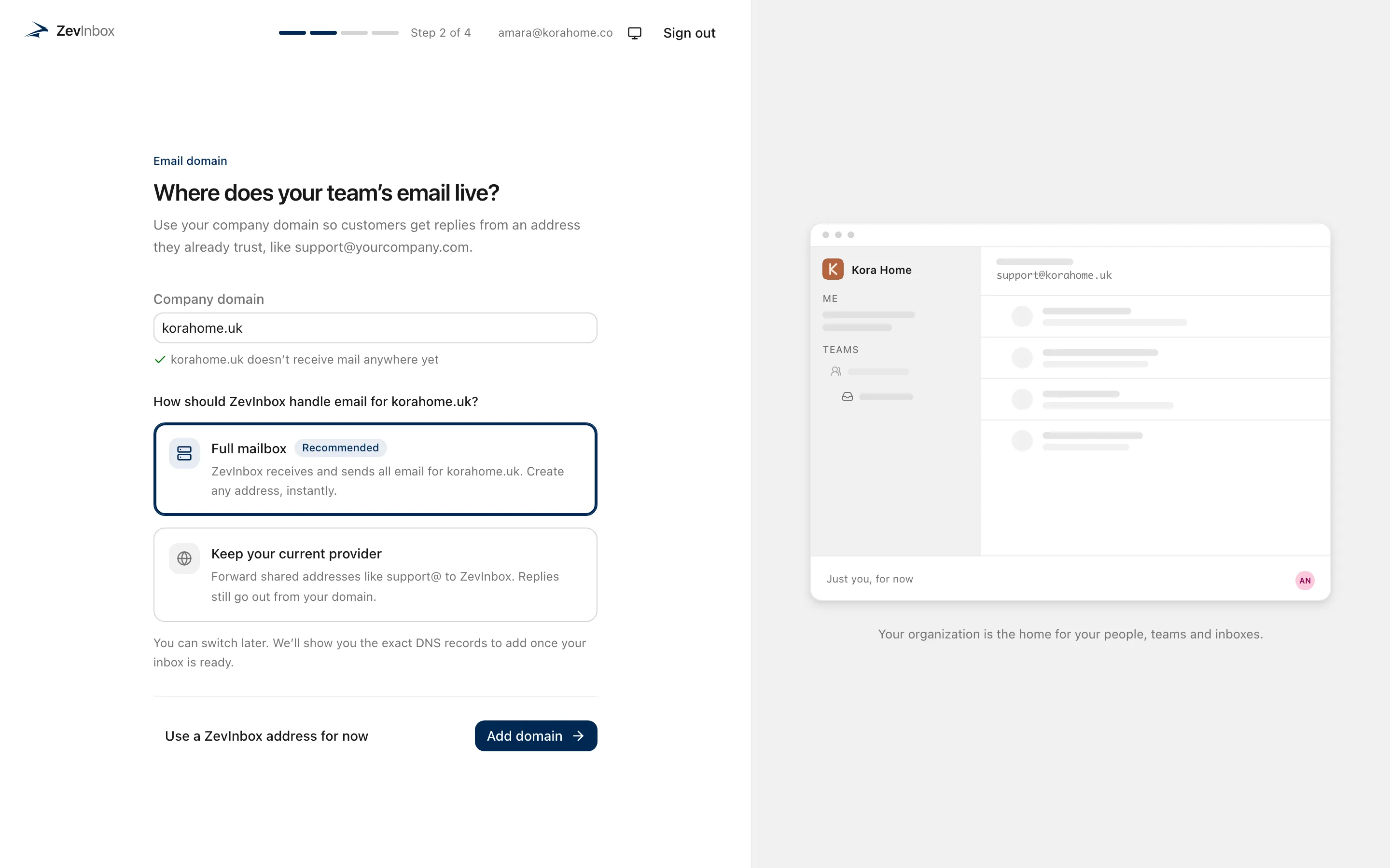Adding a domain, with the choice between Full mailbox and keeping the current provider.