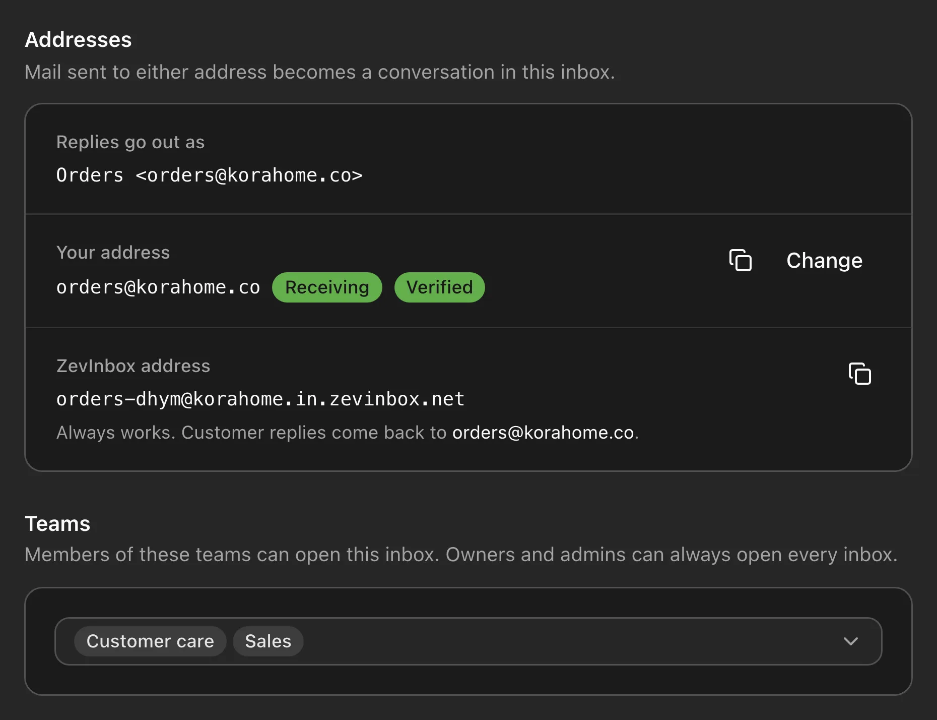 An inbox’s settings showing its address and the teams that can use it.