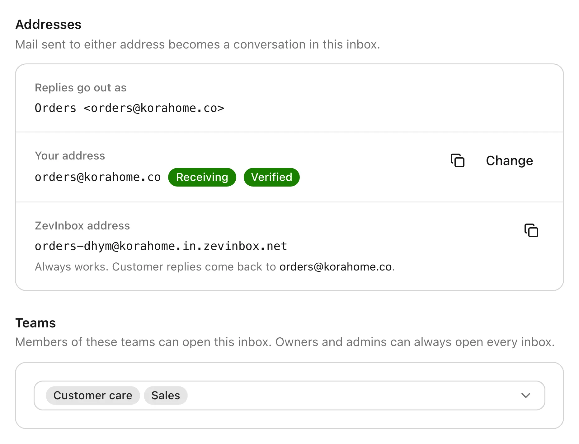 An inbox’s settings showing its address and the teams that can use it.