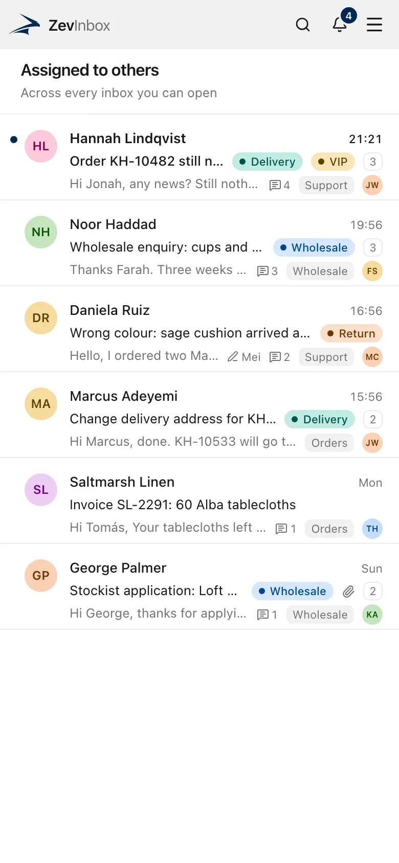 The ZevInbox web app in a phone browser, showing the Support inbox.