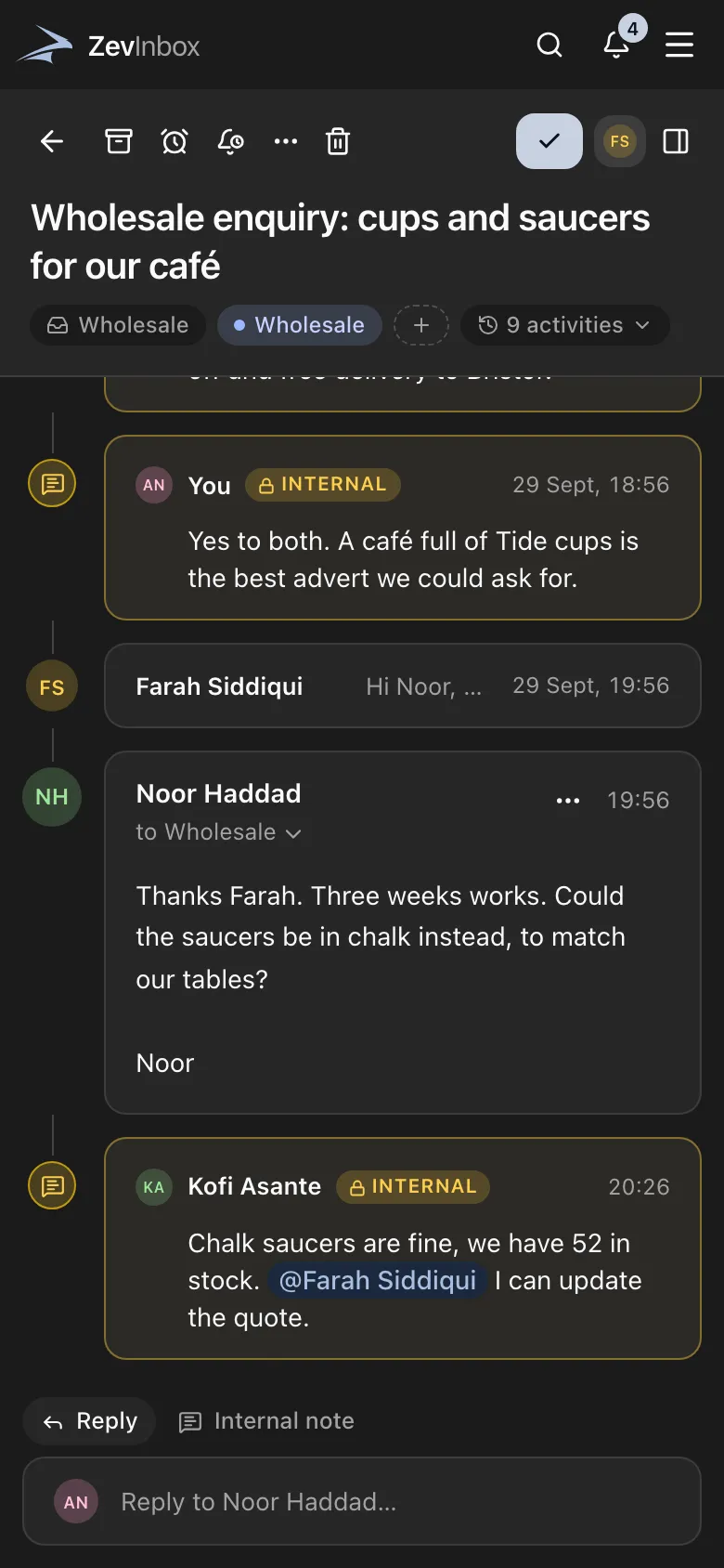 The ZevInbox web app in a phone browser, showing an open conversation with an internal note.