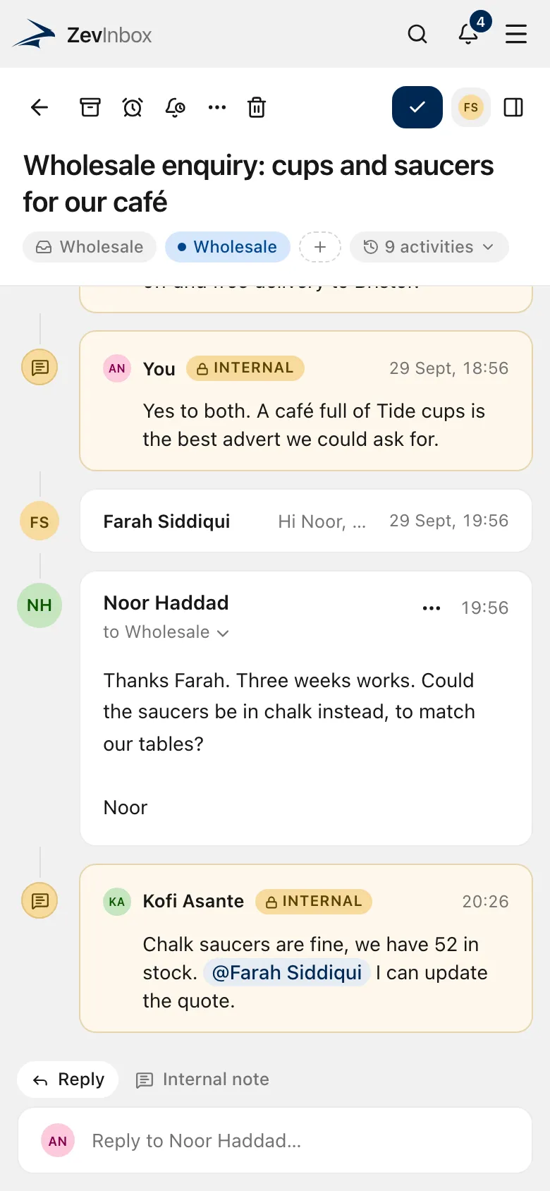 The ZevInbox web app in a phone browser, showing an open conversation with an internal note.