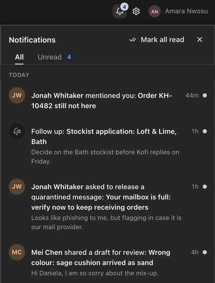 The notification panel with a mention, an assignment and a reminder, and All and Unread tabs.
