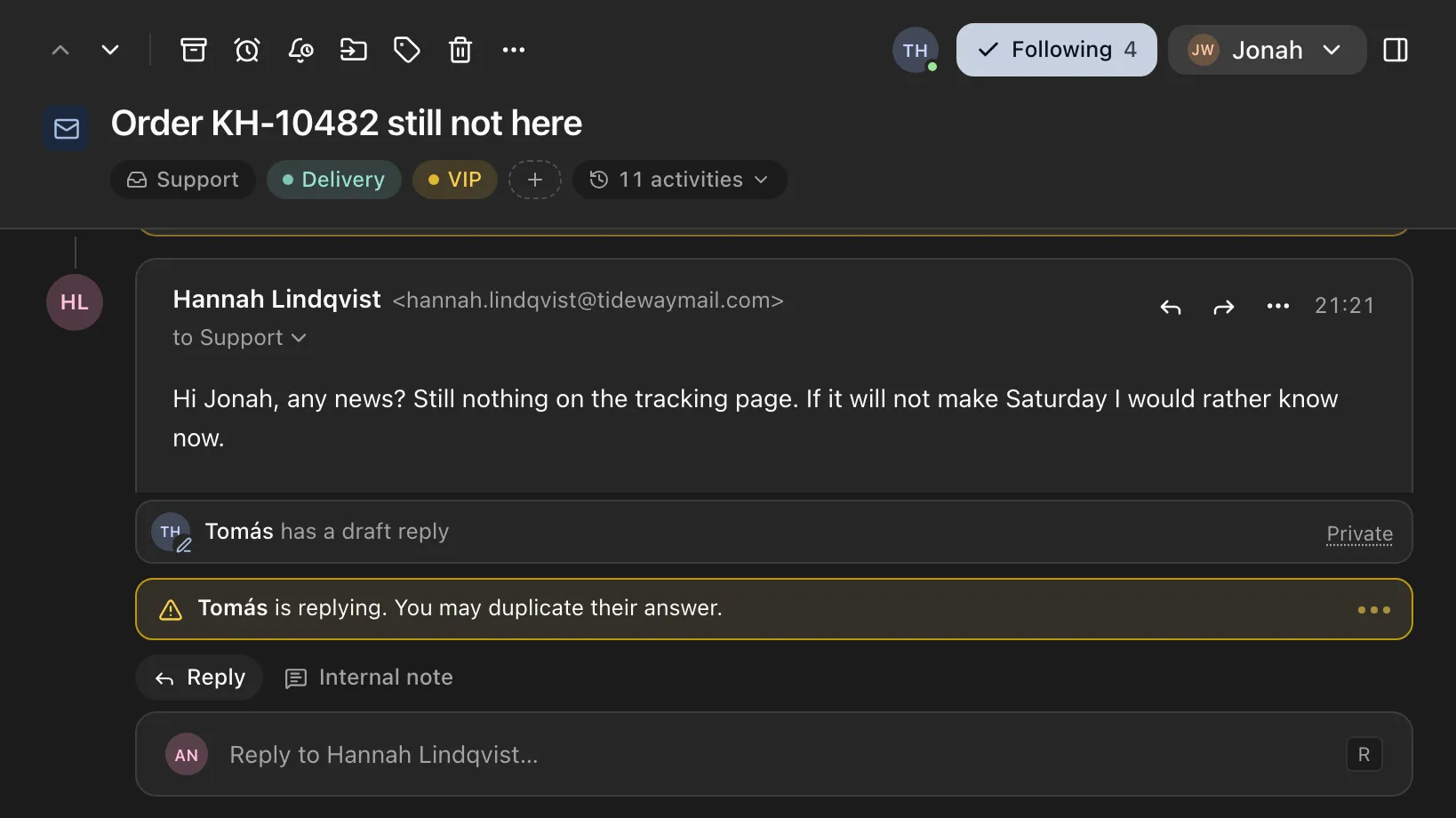Teammates’ avatars at the top of a conversation and a line saying one of them is replying.
