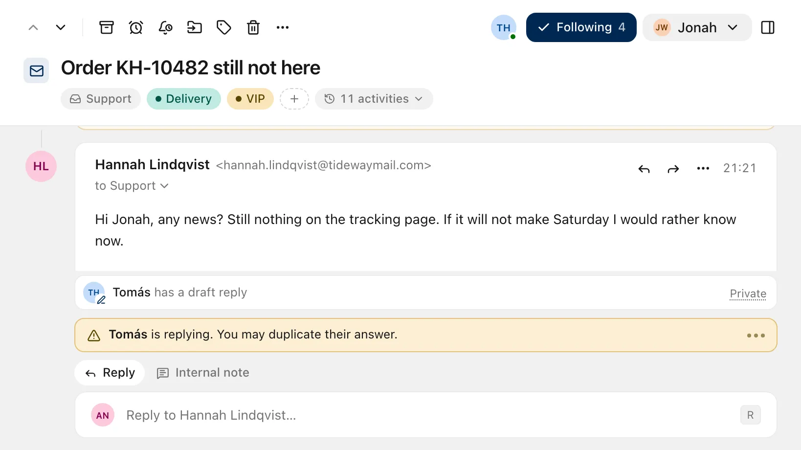 Teammates’ avatars at the top of a conversation and a line saying one of them is replying.
