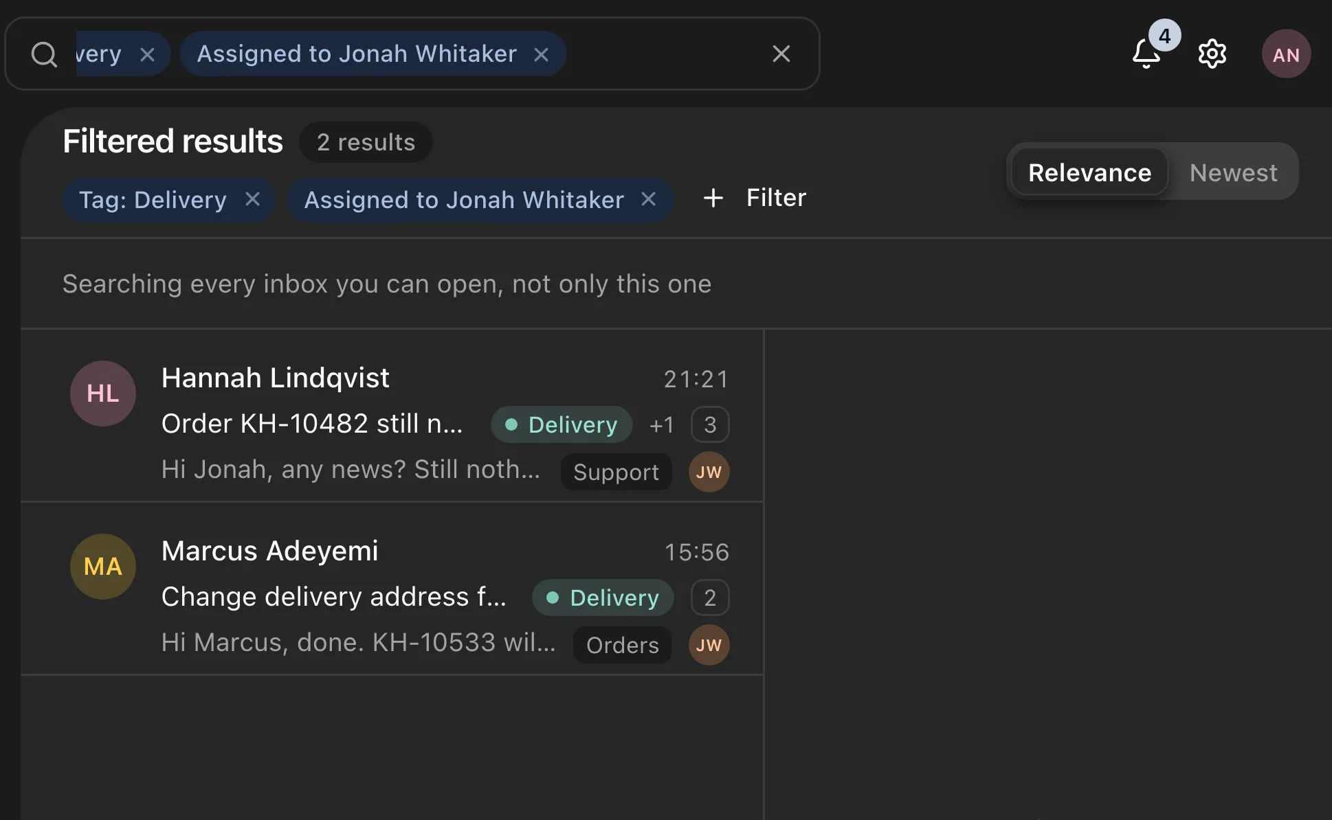 Search filters shown as editable chips above the results, with a + Filter button.