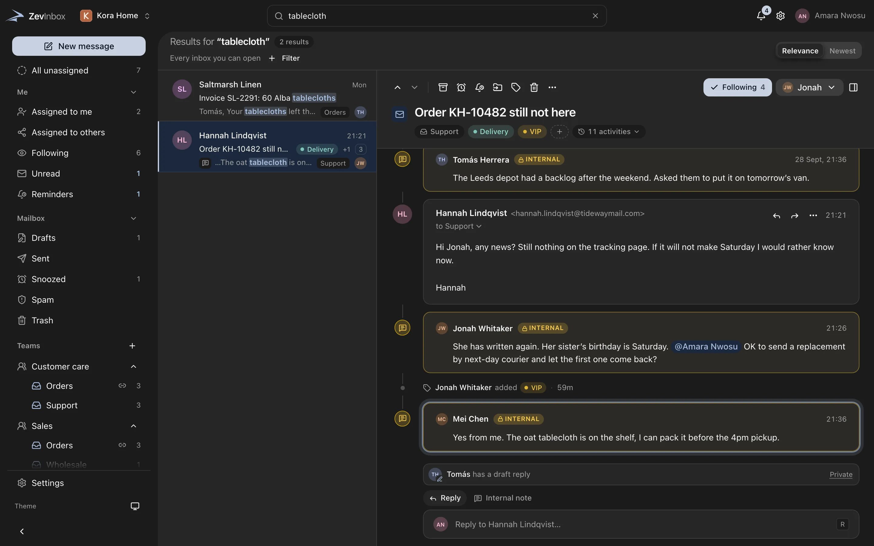 Search results in the conversation list, with the matching words highlighted and filter chips above.