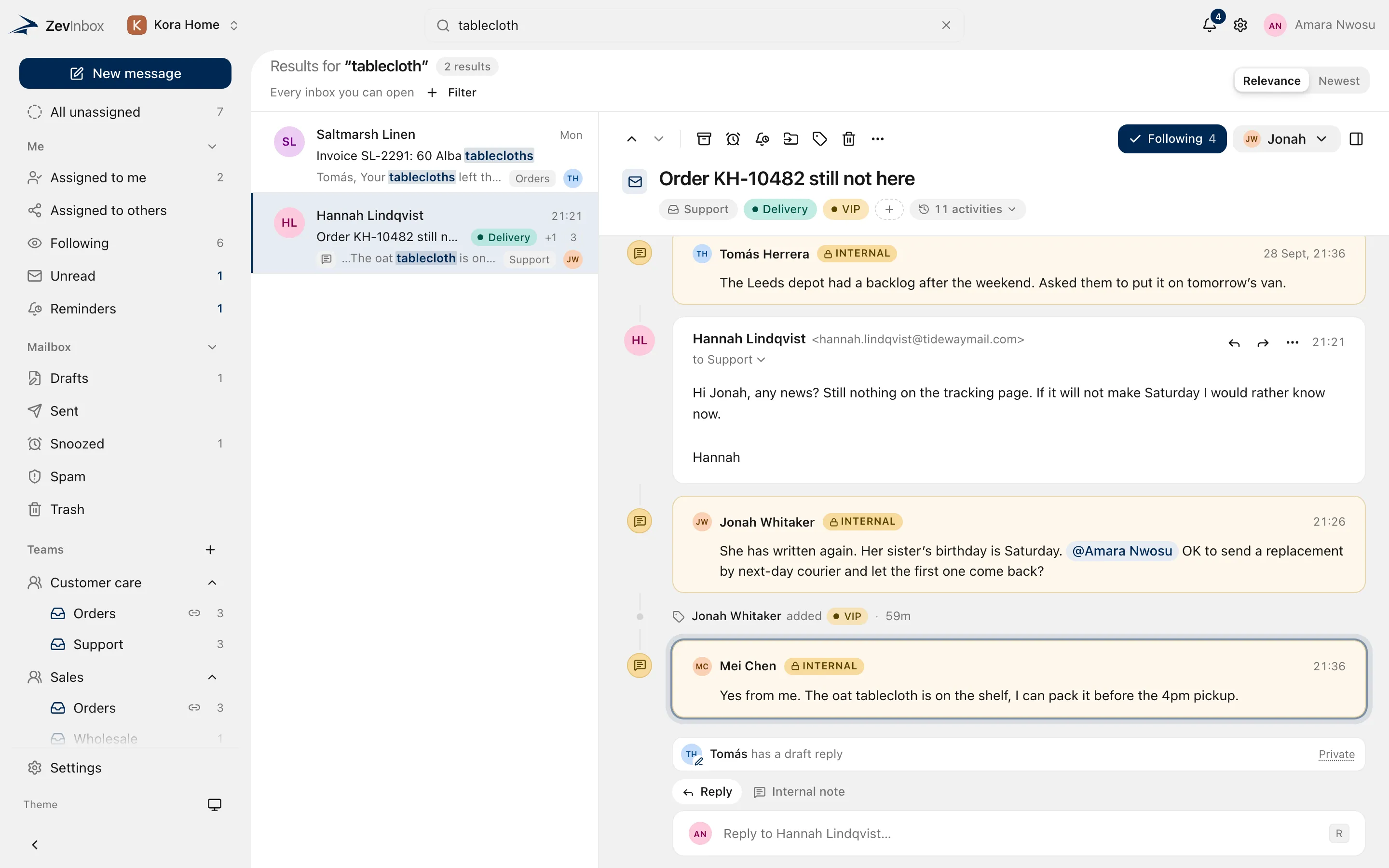 Search results in the conversation list, with the matching words highlighted and filter chips above.