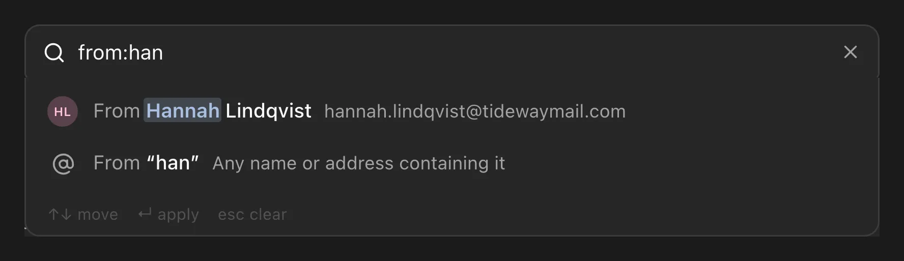 The search box suggesting filters, contacts and teammates as you type.