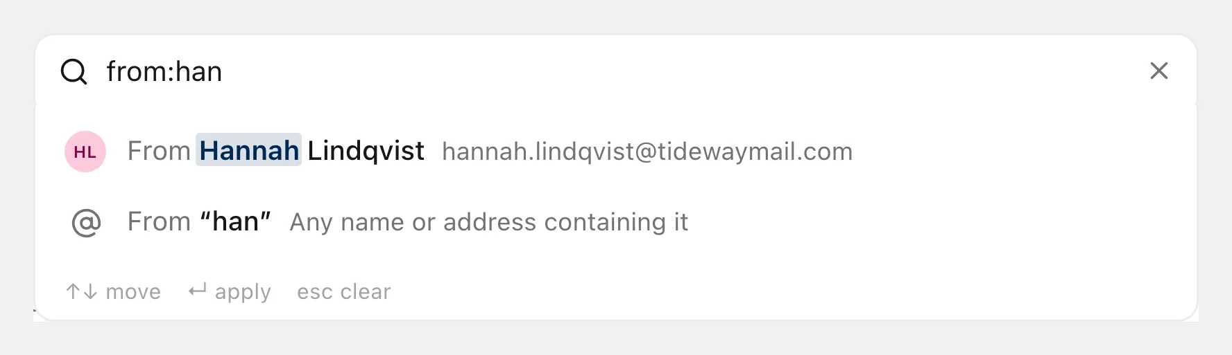 The search box suggesting filters, contacts and teammates as you type.