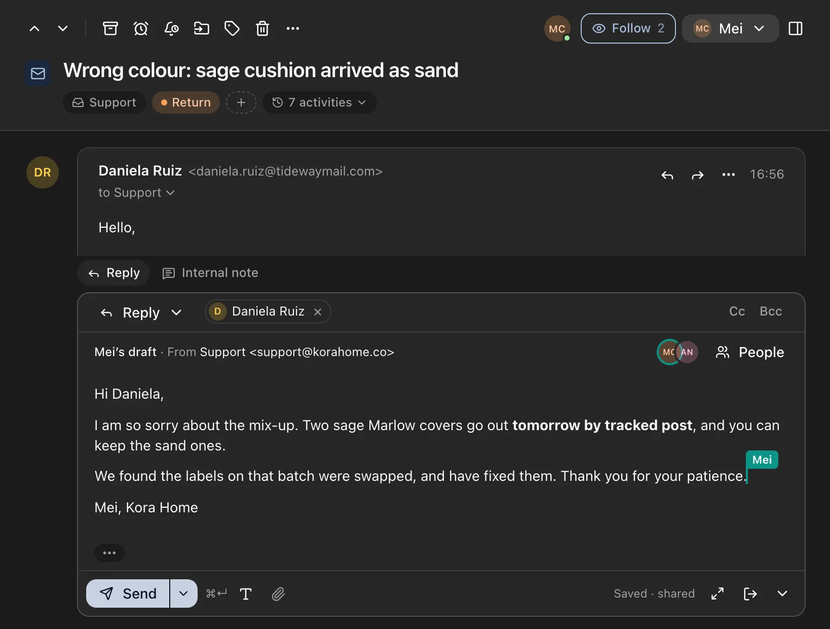 A shared draft with two teammates’ cursors and name labels in the editor.