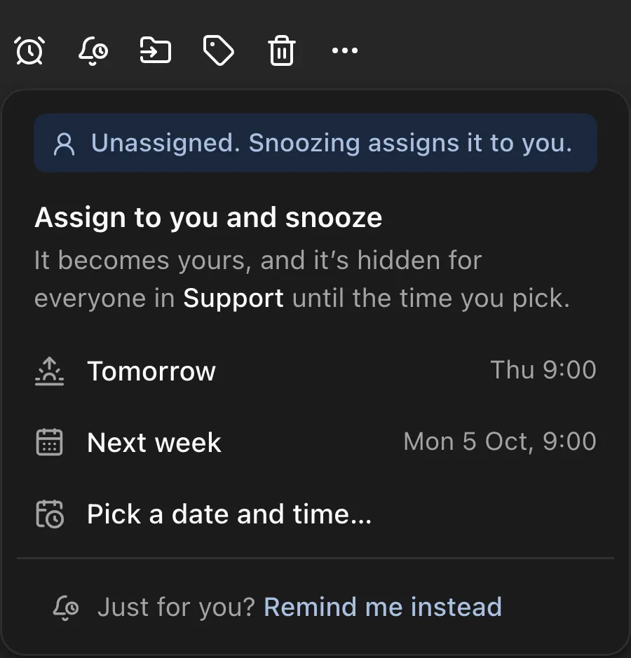The snooze menu with its presets and a note that only the assignee or an admin can snooze.