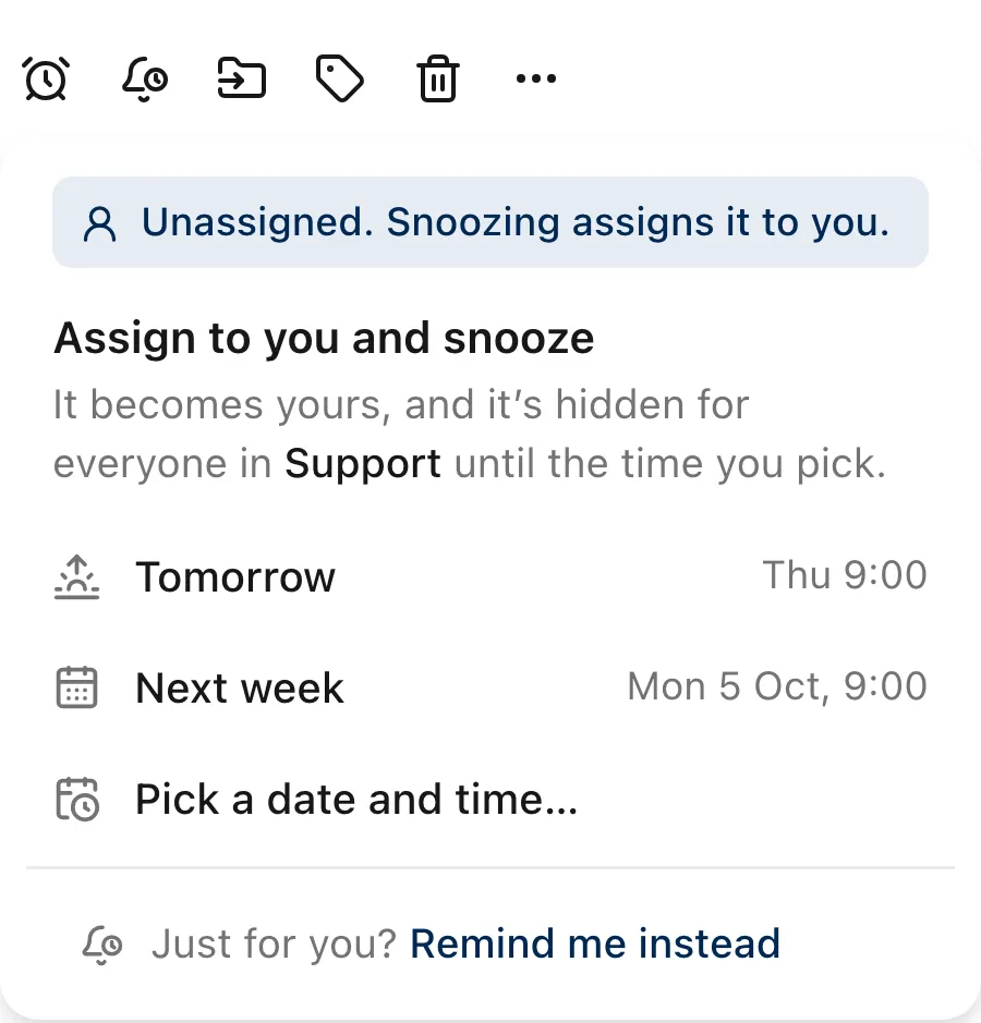 The snooze menu with its presets and a note that only the assignee or an admin can snooze.