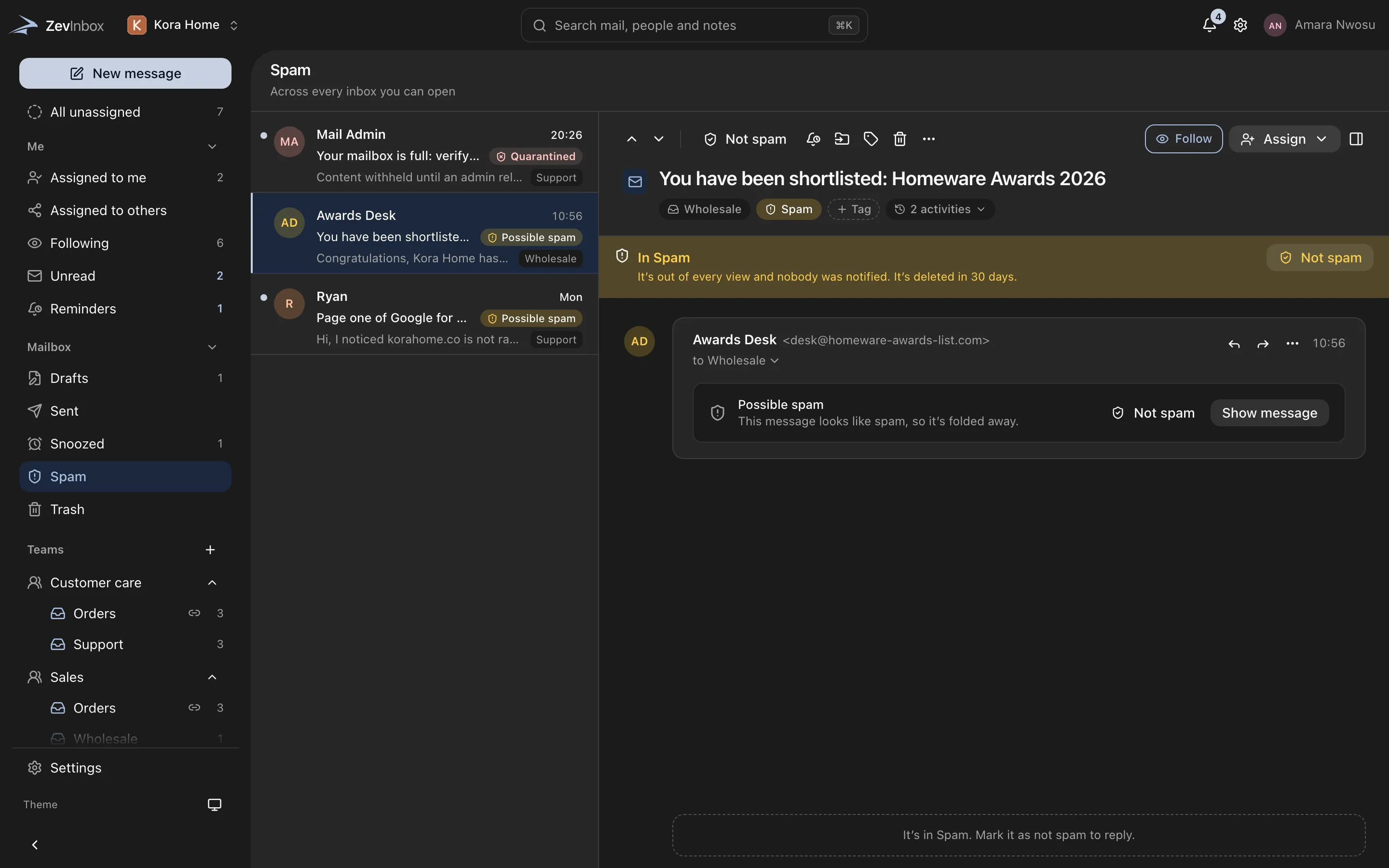 The Spam view listing messages marked as possible spam, with a Not spam button.