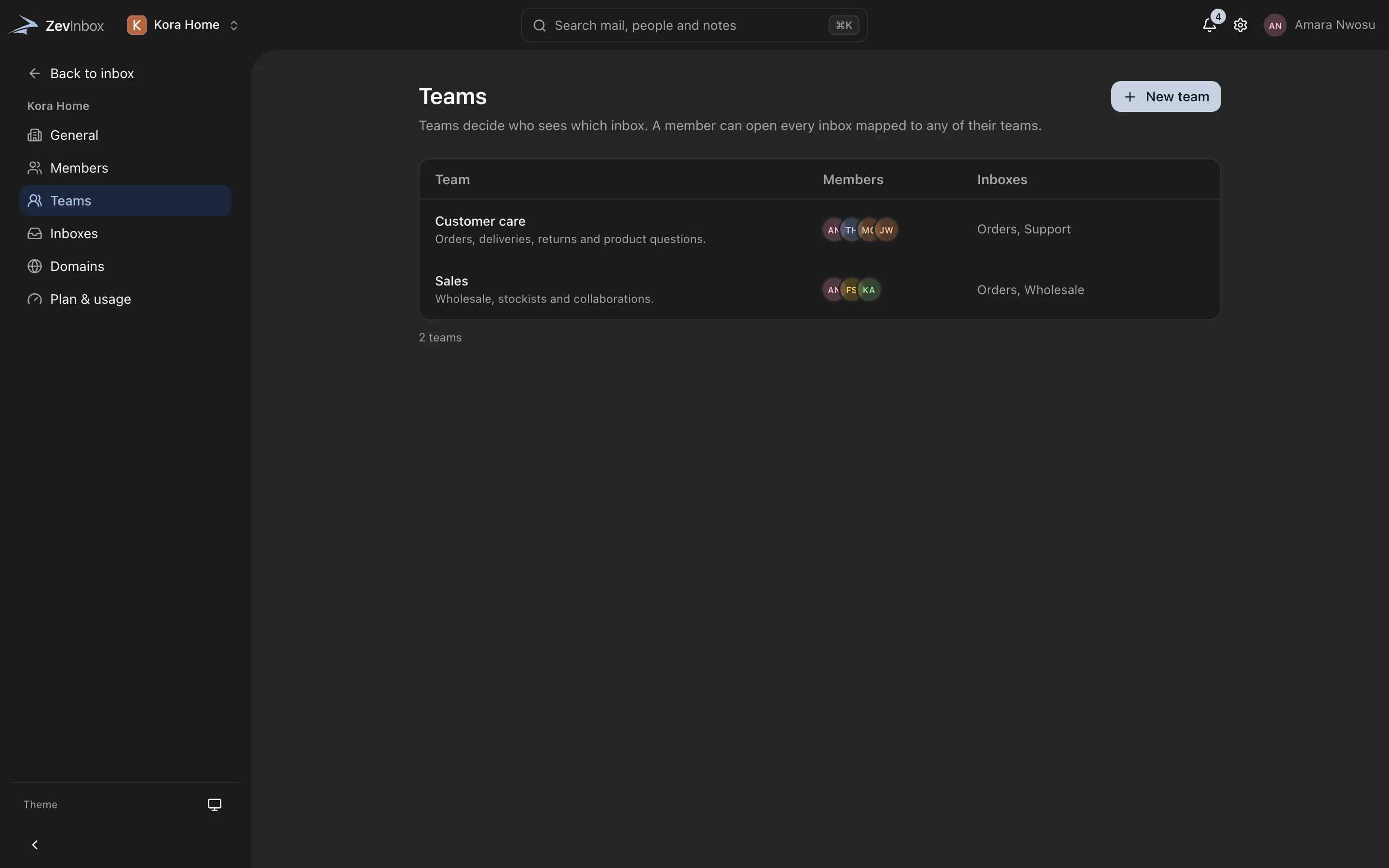 Settings, Teams: Customer care and Sales, with their members and the inboxes each team uses.