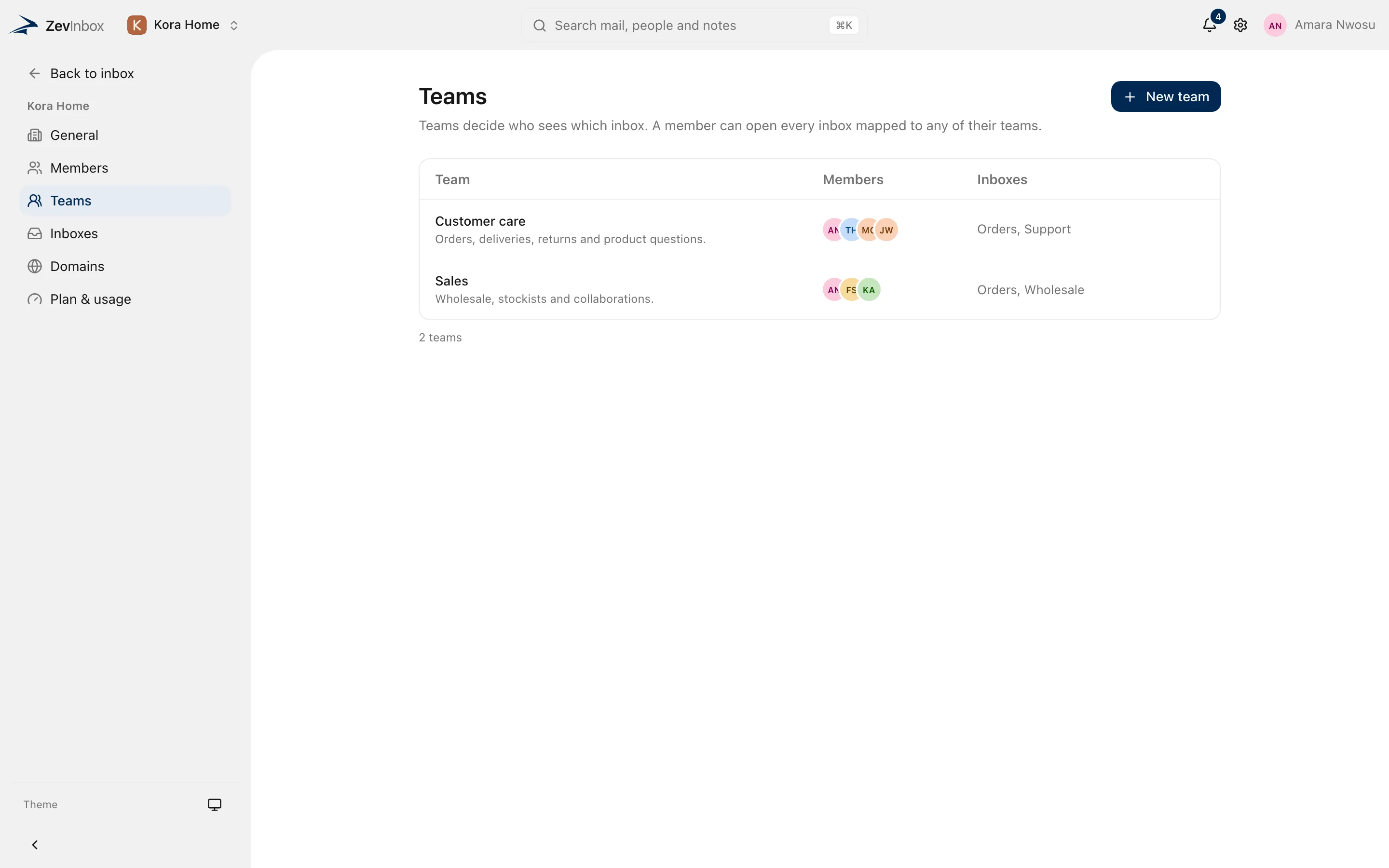 Settings, Teams: Customer care and Sales, with their members and the inboxes each team uses.