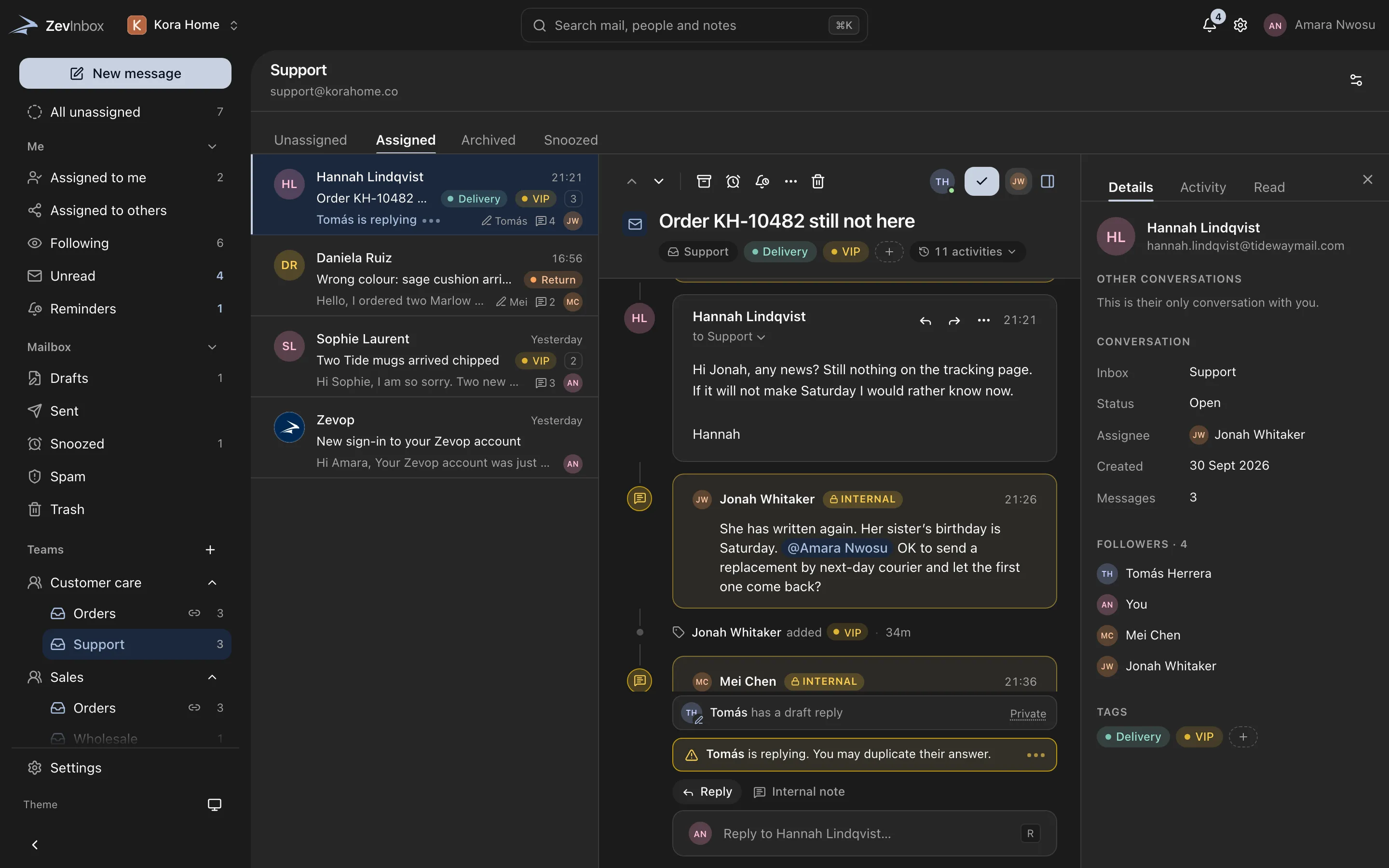 The ZevInbox workspace: the sidebar with views, teams and inboxes, a list of conversations, and an open conversation with its timeline.