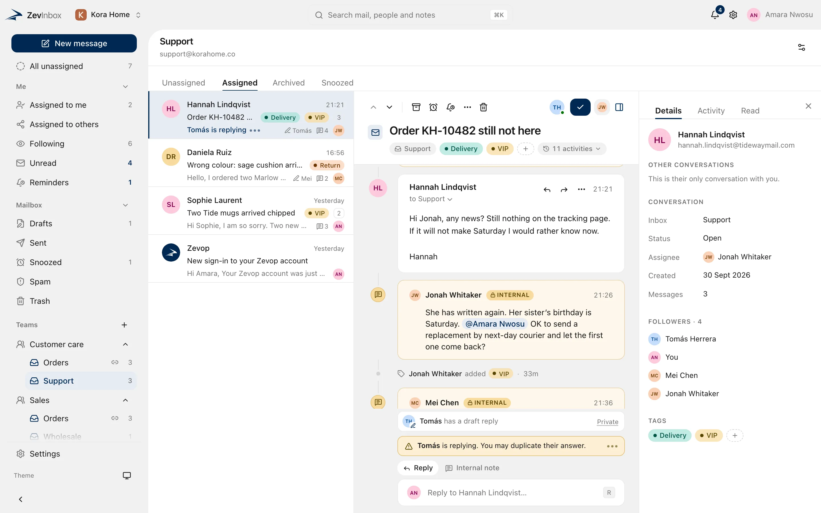 The ZevInbox workspace: the sidebar with views, teams and inboxes, a list of conversations, and an open conversation with its timeline.