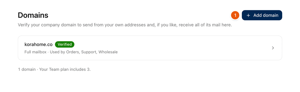 The Domains page in Settings, with the Add domain button.