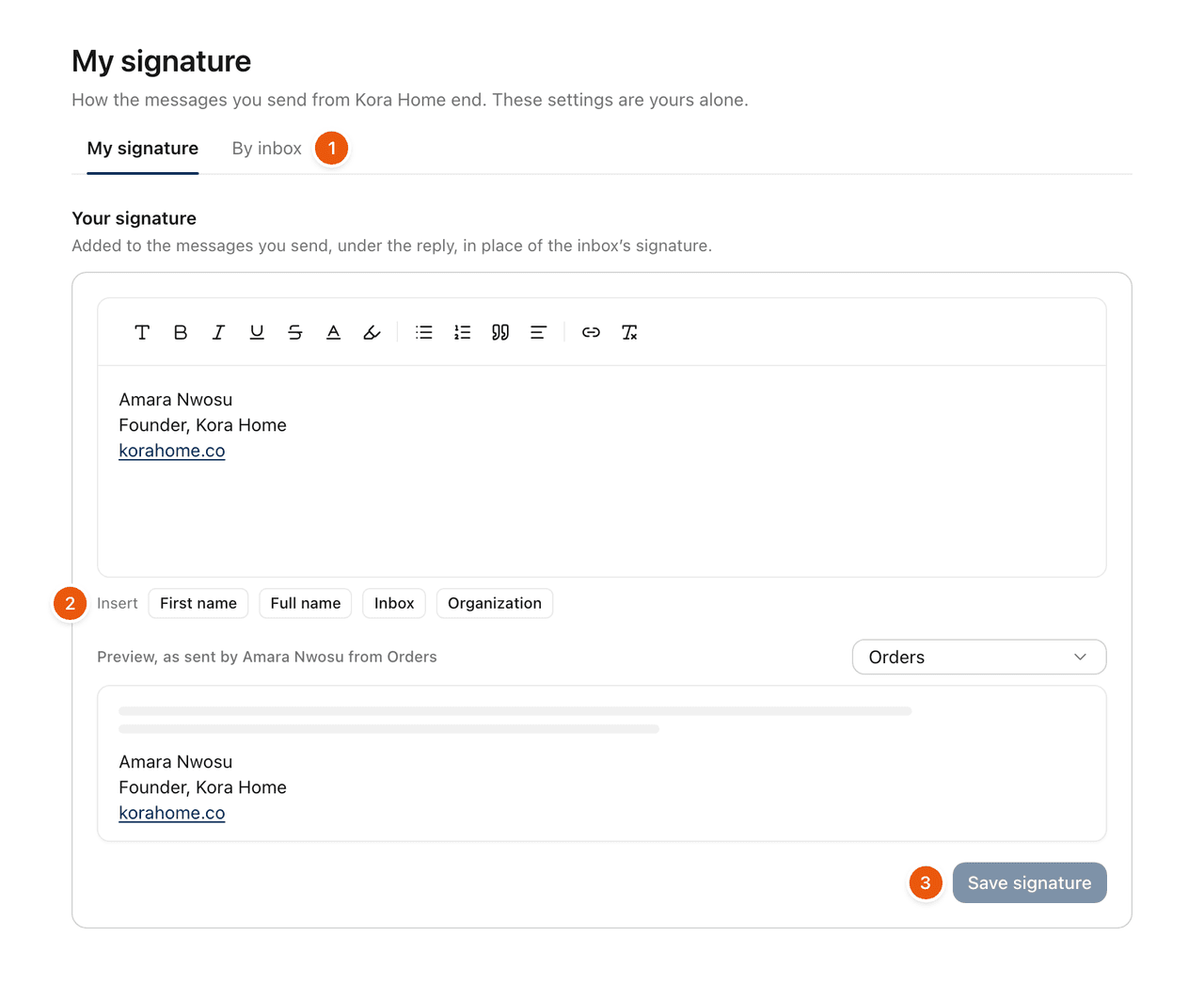 Settings, My signature: the My signature and By inbox tabs, the signature editor, the variables to insert and the preview.