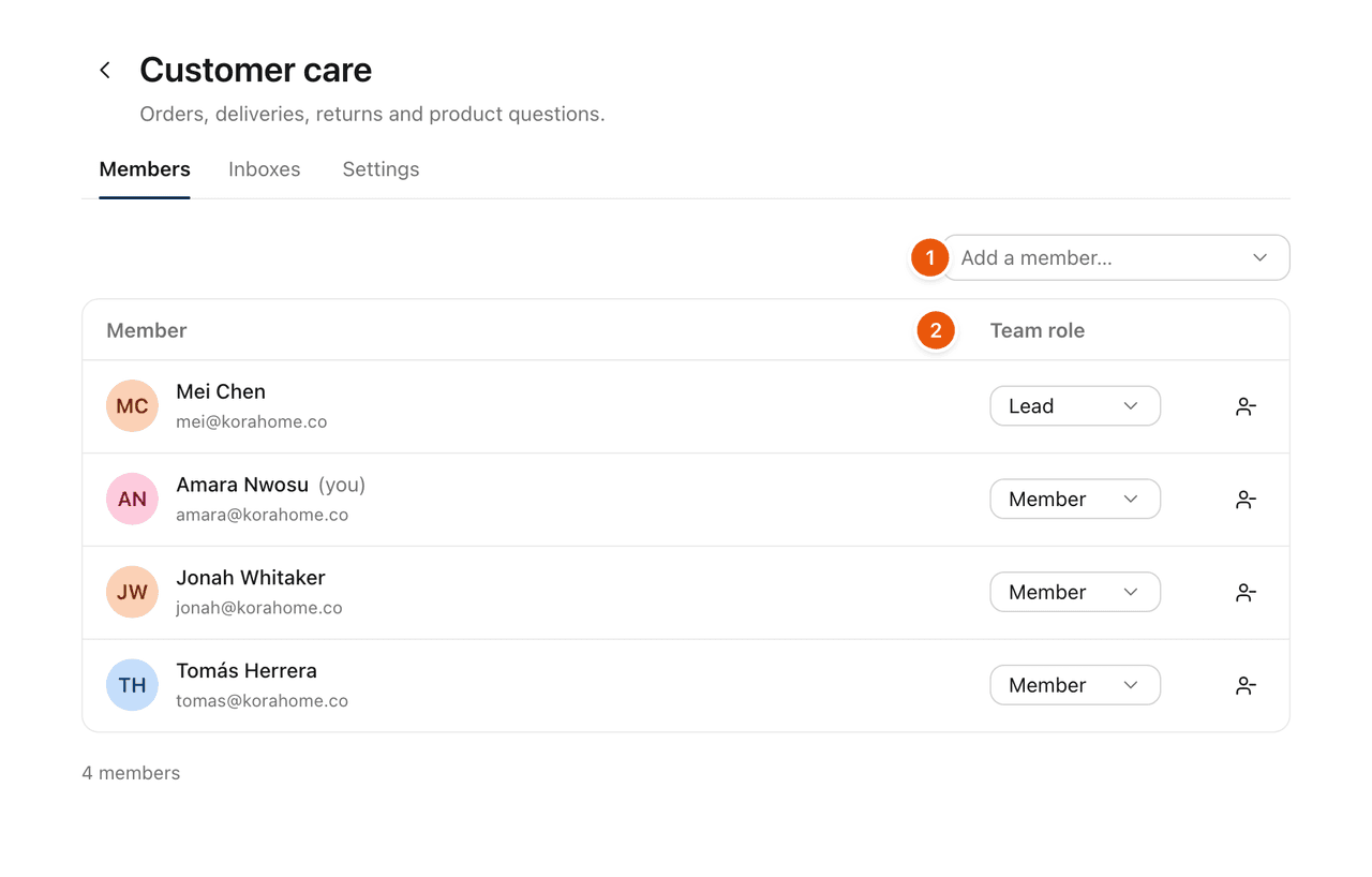 A team's Members tab with the Add a member menu and a Team role menu on each row.