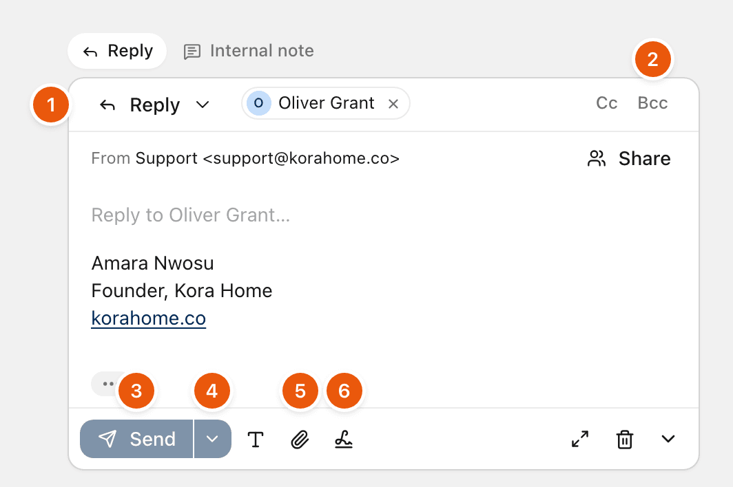 An open reply box with the reply mode menu, the Cc and Bcc links, Send, More ways to send, the attach button and the signature menu.