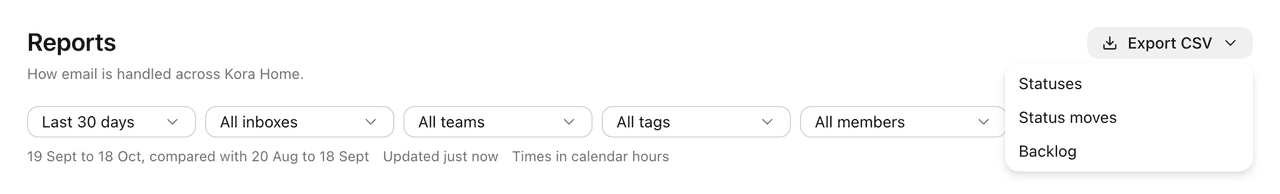 The Export CSV menu on the Statuses tab, offering Statuses, Status moves and Backlog.