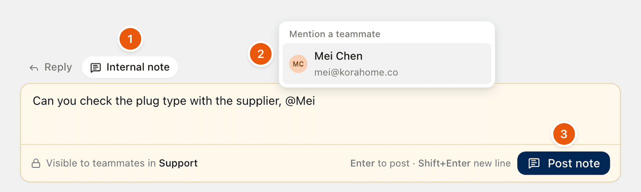 The Internal note box with the Mention a teammate list showing Mei Chen, and the Post note button.