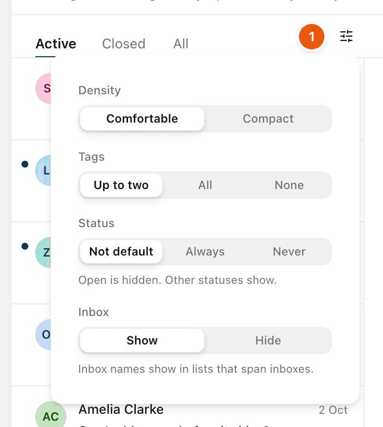 The Display menu open over the conversation list, with Density, Tags, Status and Inbox options.
