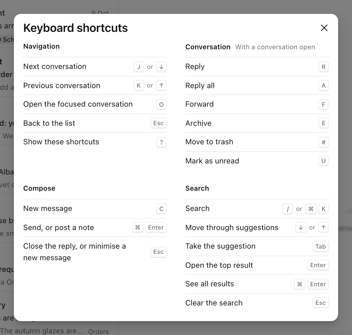 The Keyboard shortcuts window in ZevInbox.