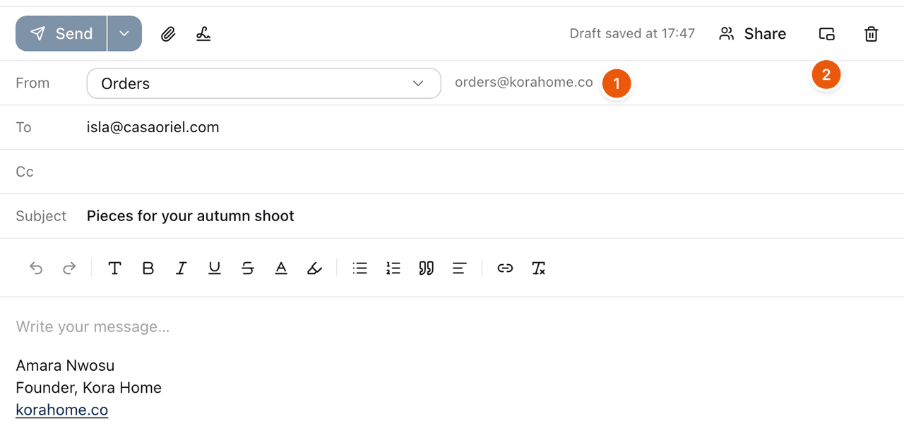 A new message in the conversation area, with the From inbox and its address, To, Cc, Subject, and the Pop out button.