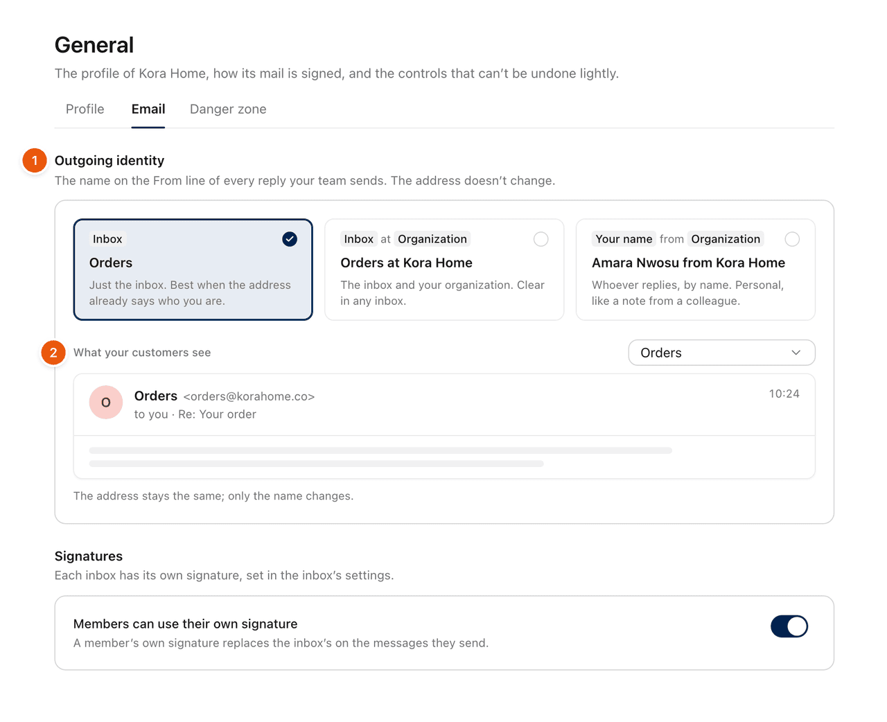 The Outgoing identity setting with three choices and a preview of what customers see.
