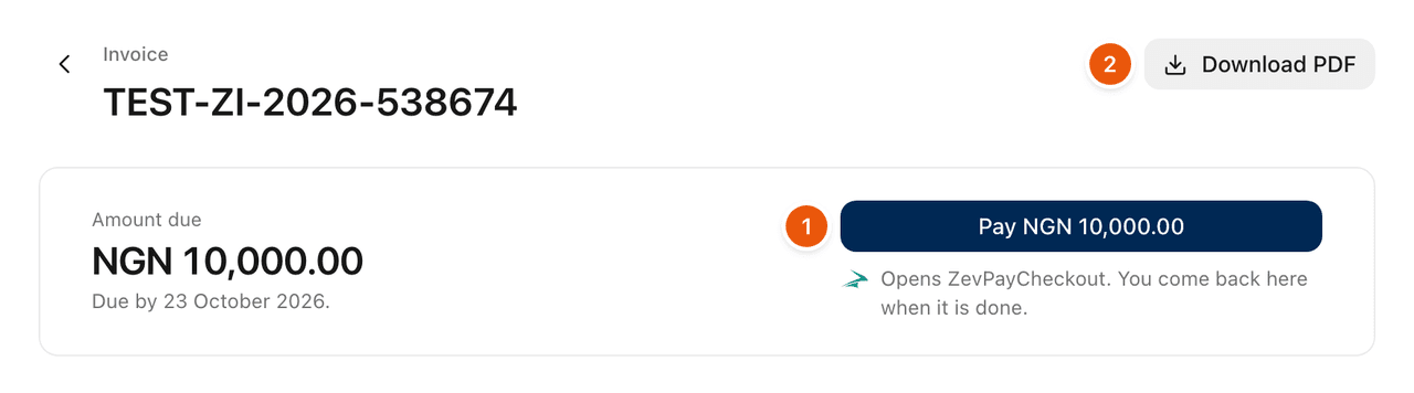 An unpaid invoice: the amount due, the Pay button that opens ZevPayCheckout, and Download PDF.
