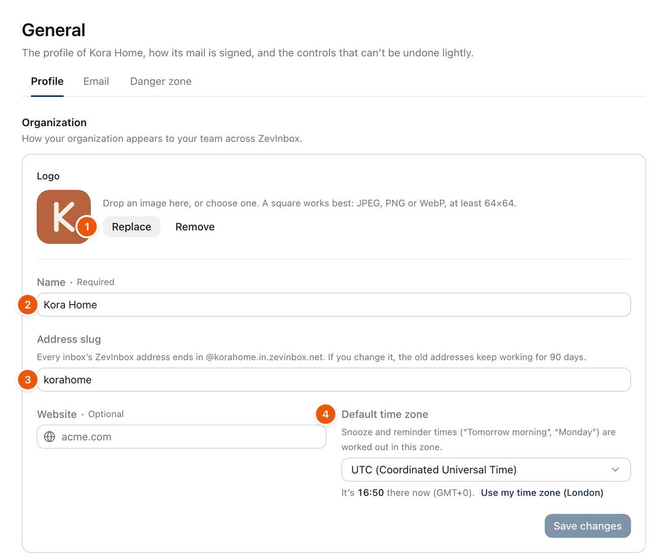 Settings, General, Profile: the logo, Name, Address slug, Website and Default time zone.