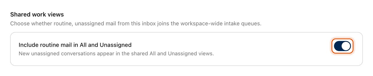 The Shared work views section of an inbox's settings, with the switch Include routine mail in All and Unassigned.