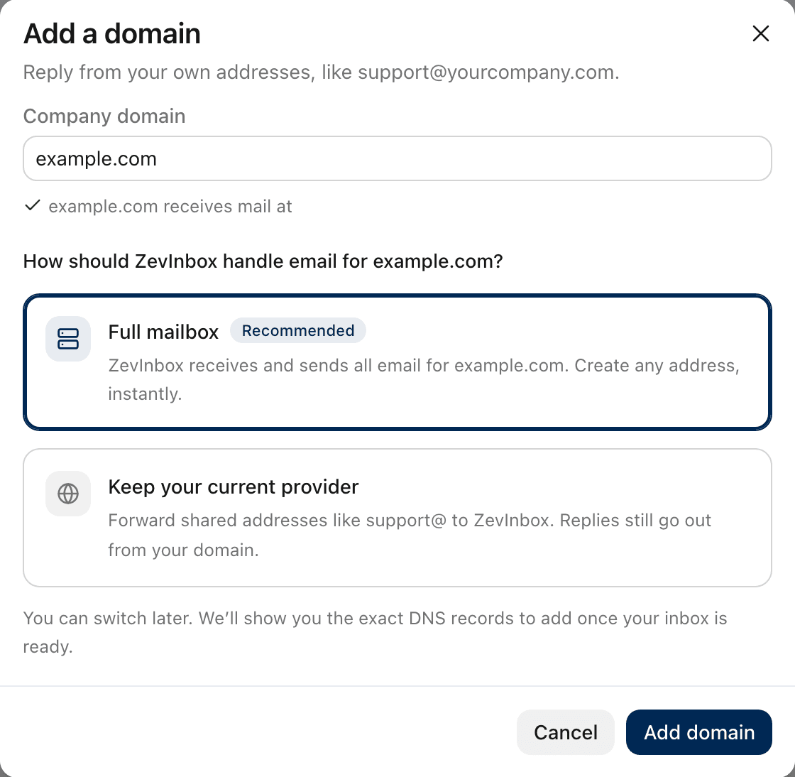 The Add a domain window, with the choice between Full mailbox and Keep your current provider.
