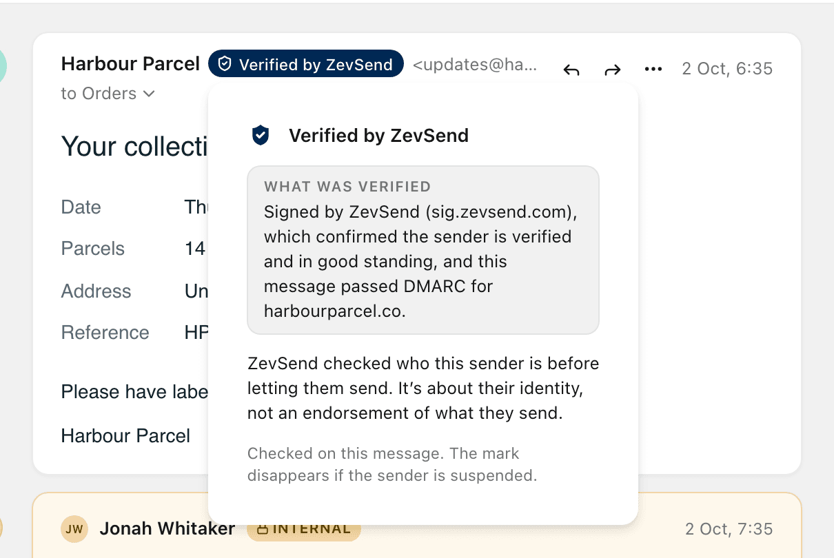 The Verified by ZevSend mark beside a sender's name, with its card open: what was verified and what it means.